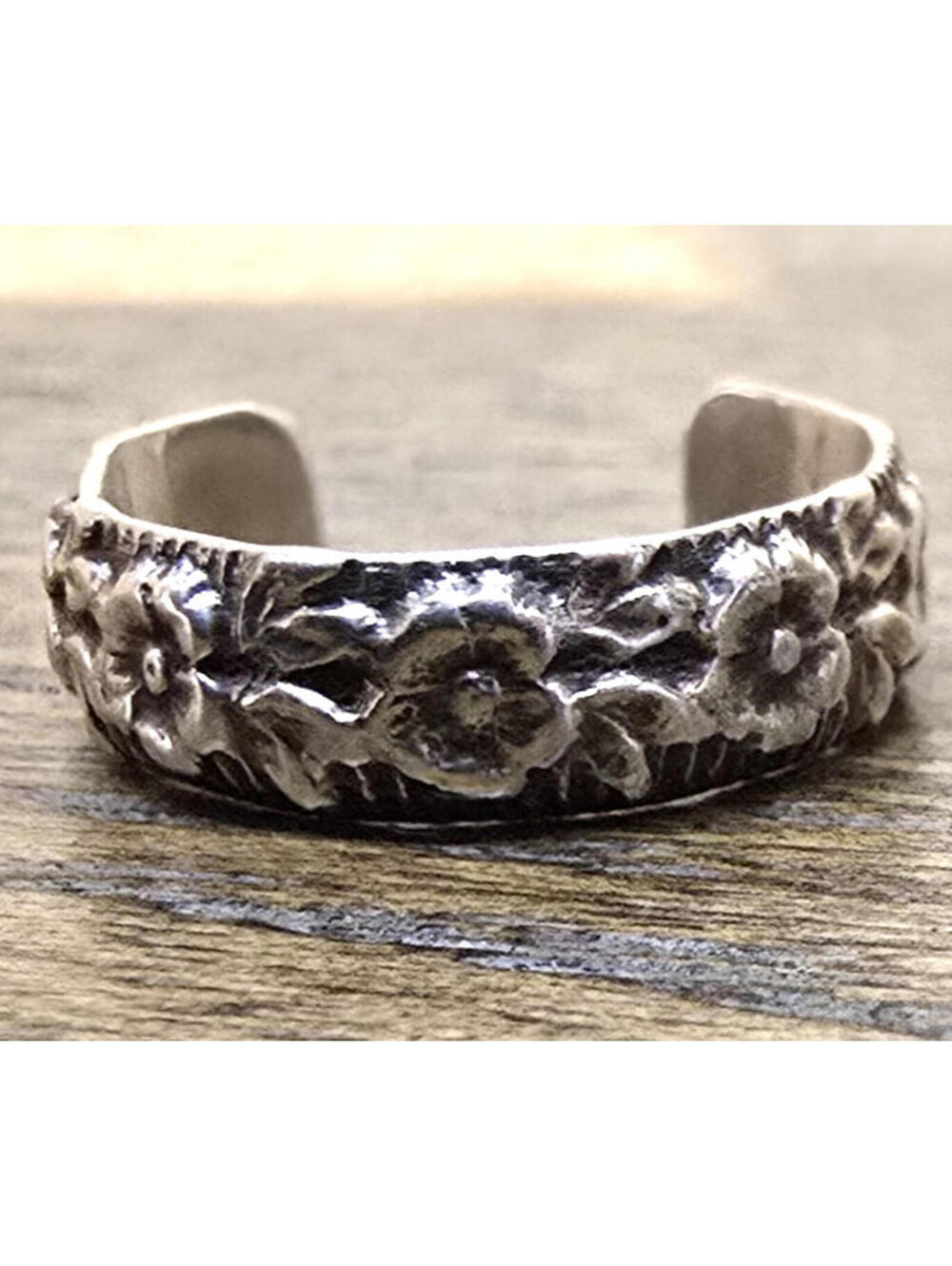 Sterling Silver Floral Band Toe or Midi Ring Open Face Rose Flowers Adjustable